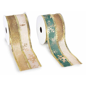 Set 4 panglici Craciun textil natur auriu verde 63 mm x 10 m