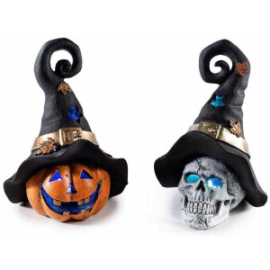 Set 2 figurine Halloween Dovleac Craniu polirasina textil multicolor cu leduri cm 13,5 x 11 x 18,5 H