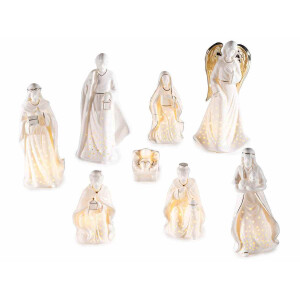 Set 8 figurine Nasterea Domnului portelan alb auriu leduri 10.5x8.5x20.5 cm