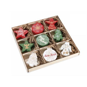 Set 72 ornamente brad Craciun lemn multicolor 25x25x2.5 cm