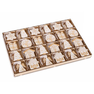 Set 144 ornamente brad Craciun lemn alb auriu 6x5 cm