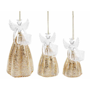 Set 3 figurine Ingeri sticla transparenta aurie Ø 10 cm x 19 H, Ø 8 x 14 H, Ø 7 x 12 H
