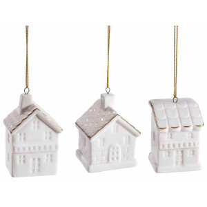 Set 9 ornamente brad Casute portelan alb auriu cm 4,5 x 3,5 x 7 H