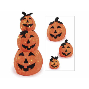 Set 3 Dovleci Halloween poliester portocaliu negru cu leduri Ø 17 x 21 H, Ø 25 x 29 H, Ø 33 cm x 38 H