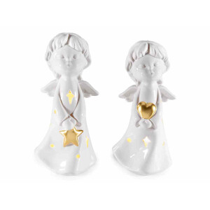 Set 2 figurine Ingeri portelan alb auriu cu led cm 11,5 x 10 x 24 H