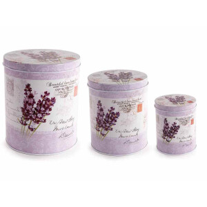 Set 3 borcane depozitare metal multicolor Lavanda Ø 14 cm x 16,5 H, Ø 11 x 13 H, Ø 7,5 x 9,5 H