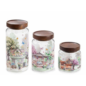 Set 3 borcane depozitare sticla lemn Ø 10 cm x 20,5 H, Ø 10 x 15,5 H, Ø 10 x 10,5 H