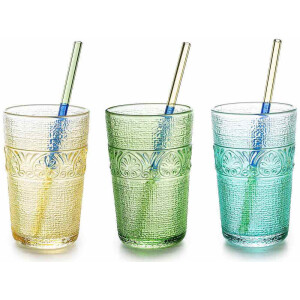 Set 6 pahare cu paie sticla multicolora Ø 8 cm x 12,5 H, 350 ml