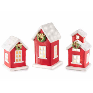 Set 3 Casute Craciun ceramica multicolora cu led 9x8.5x15 cm, 7x8x13 cm, 7.5x7.5x11 cm