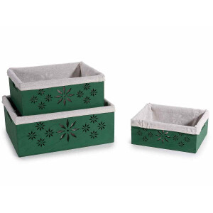 Set 3 cosuri Craciun lemn verde textil gri cm 30 x 23 x 12 H, 25 x 20 x 10 H, 20 x 16,5 x 8 H