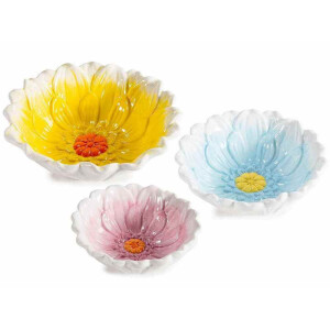 Set 3 boluri ceramica multicolora Floare Ø 21 cm x 7 H,  Ø 18 x 6 H, Ø 15,5 x 5,5 H