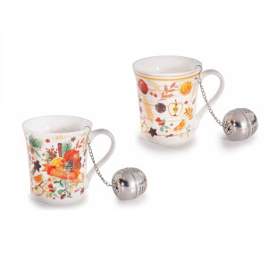 Set 4 cani, 4 infuzoare ceai Craciun portelan multicolor Ø 8,5 cm x 9 H, 250 ml