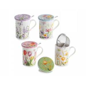 Set 4 cani portelan cu infuzoare ceai in cutii cadou Flowers Ø 8 x 10,5 H, 350 ml 