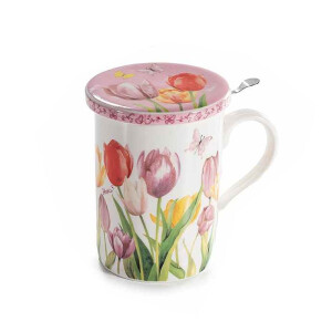 Cana portelan cu infuzor ceai in cutie cadou Lalele Ø 8 x 10,5 H, 350 ml 