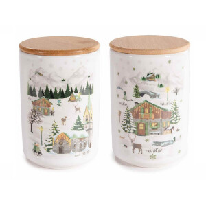 Set 2 borcane Craciun lemn ceramica multicolora Ø 10 cm x 15,5 H