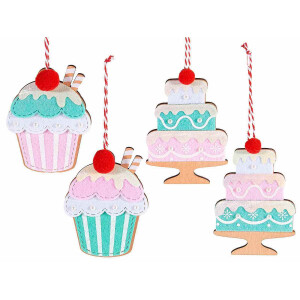 Set 4 ornamente brad Craciun lemn multicolor 8x11.5 cm