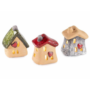 Set 3 Casute decorative teracota multicolora cu led 7x5.5x8 cm