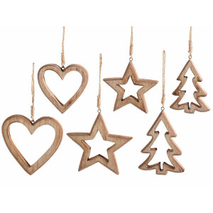 Set 6 ornamente brad Craciun lemn natur 8.5x12 cm, 7x10 cm