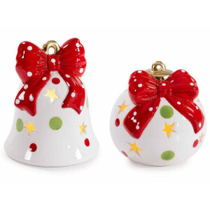 Set 2 decoratiuni Craciun ceramica multicolora cu led Ø 11 cm x 13 H