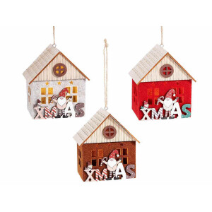 Set 3 Casute Craciun lemn multicolor cu led cm 10,5 x 7,5 x 12 H