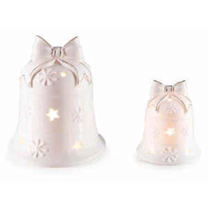 Set 2 clopotei Craciun portelan alb cu led 12x14.5 cm, 8x9.5 cm