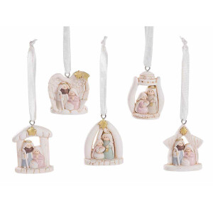 Set 5 ornamente brad Nasterea Domnului polirasina multicolora cm 4 x 4,5 H