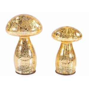 Set 2 Ciupercute decorative sticla aurie cu led Ø 11 cm x 18 H, Ø 9,5 x 15 H
