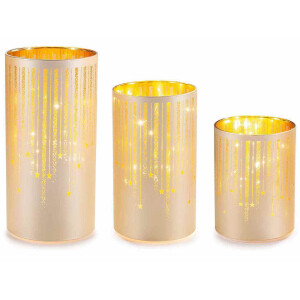Set 3 candele Craciun sticla aurie cu led 10x20 cm, 9x16 cm, 9x12 cm