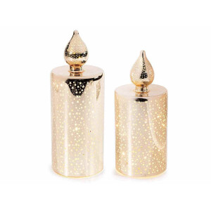 Set 2 candele Craciun sticla aurie cu led Ø 7,5 cm x 20,5 H, Ø 7,5 x 17,5 H 