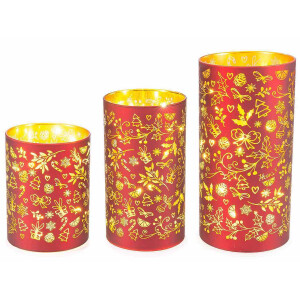 Set 3 candele Craciun sticla rosie aurie cu led 10x20 cm, 9x16 cm, 9x12 cm 
