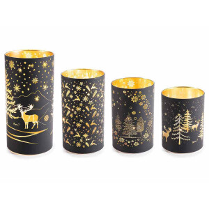 Set 4 candele Craciun sticla neagra aurie cu led 20,5 H, 16,5 H , 14,5 H, 12,5 H