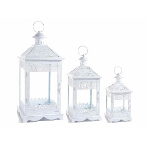 Set 3 felinare metal alb 24x24x58 cm, 18x18x44 cm, 13.5x13.5x32 cm