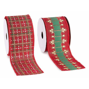 Set 4 panglici Craciun textil rosu alb verde 63 mm x 10 m