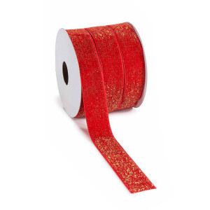 Rola panglica Craciun catifea rosie fir lame auriu mm 25 x 15 m