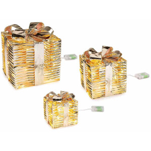 Set 3 decoratiuni Craciun metal auriu cu leduri 25x25x28 cm, 20x20x23 cm, 15x15x17 cm
