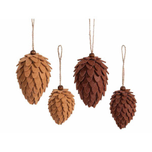 Set 4 ornamente brad Craciun Conuri textil maro Ø 6 cm x 10,5 H, Ø 5 x 8 H