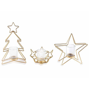 Set 3 candele Craciun metal auriu sticla 14.5x5.5x24.5 cm
