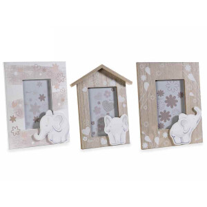 Set 3 rame foto masa, perete lemn natur alb Elefanti cm 19 x 24 H, 9 x 14 H