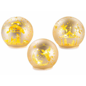 Set 3 sfere decorative Craciun sticla aurie cu led 9.5x9 cm