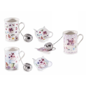 Set 3 cani portelan multicolor, 3 infuzoare otel ceai, 3 farfurioare in cutie cadou Ø 7,5 cm x 10,5 H, 300 ml