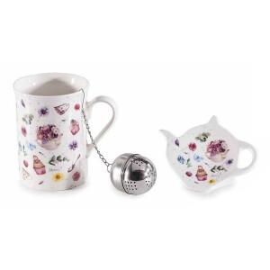Set cana portelan multicolor, infuzor ceai, farfurioara in cutie cadou Ø 7,5 cm x 10,5 H, 300 ml