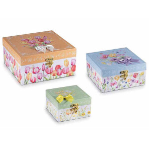 Set 3 cutii bijuterii lemn multicolor Flowers 20 x 20 x 10 H, 16 x 16 x 8 H,  12 x 12 x 7 H 