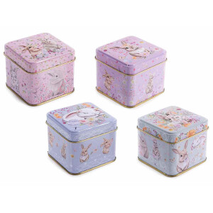 Set 4 cutii metal Iepurasi 8x8x6.5 cm