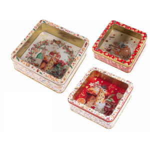 Set 3 cutii Craciun metal multicolor 20.5x20.5x7.5 cm, 17.5x17.5x6.5 cm, 15x15x5.5 cm