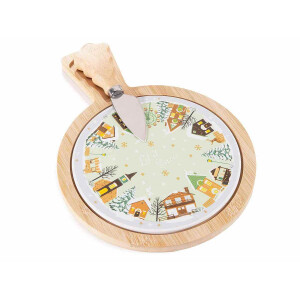 Set platou cutit Craciun lemn ceramica multicolor 17.5x24 cm, 12.5 cm