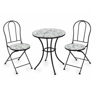 Set mobilier gradina masa 2 scaune fier ceramica Flowers Ø 60 cm x 70 H, 38 x 52,5 x 88 H