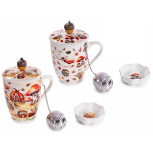 Set 2 cani portelan, 2 infuzoare ceai, 2 farfurioare in cutii cadou Forest Ø 8 cm x 10,5 H, 350 ml
