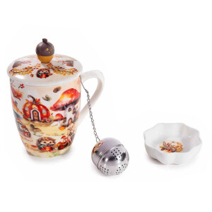 Set cana portelan multicolor, infuzor ceai, farfurioara in cutie cadou Forest Ø 8 cm x 10,5 H, 350 ml