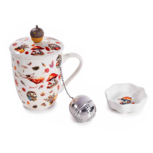 Set cana portelan, infuzor ceai, farfurioara in cutie cadou Forest Ø 8 cm x 10,5 H, 350 ml