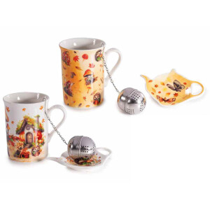 Set 2 cani portelan, 2 infuzoare ceai, 2 farfurioare in cutii cadou Autumn Ø 7,5 cm x 10,5 H, 300 ml